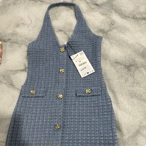Zara Textured Blue Halter Dress with Gold Buttons
